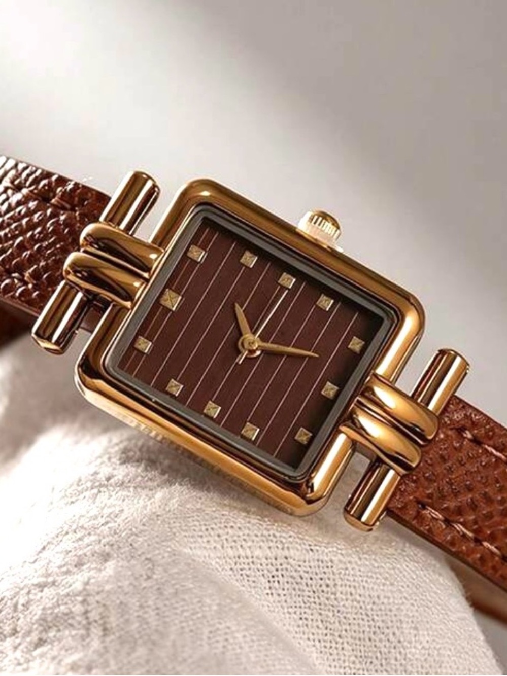 Gold-Tone Square Brown Leather Strap Watch